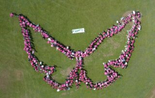 Los participantes de la octava edición de la Marcha Rosada en el Recinto Universitario de Mayagüez formaron la figura de una mariposa como símbolo de esperanza en la lucha contra el cáncer de seno.