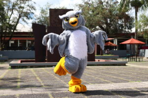 El buho, mascota de la UPR Humacao, posando.