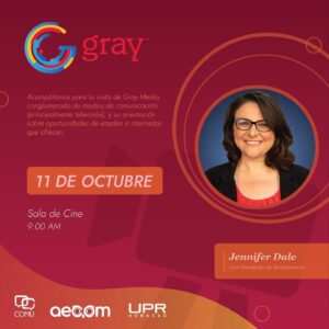 Afiche que anuncia el evento de Gray Communications Systems que se celebra el 11 de octubre.  Muestra a Jennifer Dale, Vice presidenta de Reclutamientos